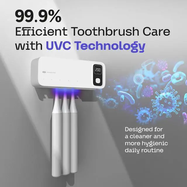 Alt view image 2 of 7 - UV Toothbrush Sanitizer Holder Wall Mounted - Electric Tooth Brush Cleaner Holders Sanitizing Cleaning Air Drying with UV-C Light LED Screen Smart Cover - Mount Organizer for Bathroom Mirror