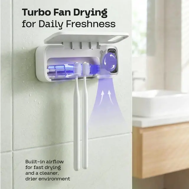 Alt view image 3 of 7 - UV Toothbrush Sanitizer Holder Wall Mounted - Electric Tooth Brush Cleaner Holders Sanitizing Cleaning Air Drying with UV-C Light LED Screen Smart Cover - Mount Organizer for Bathroom Mirror