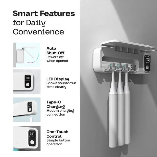 Alt view image 4 of 7 - UV Toothbrush Sanitizer Holder Wall Mounted - Electric Tooth Brush Cleaner Holders Sanitizing Cleaning Air Drying with UV-C Light LED Screen Smart Cover - Mount Organizer for Bathroom Mirror