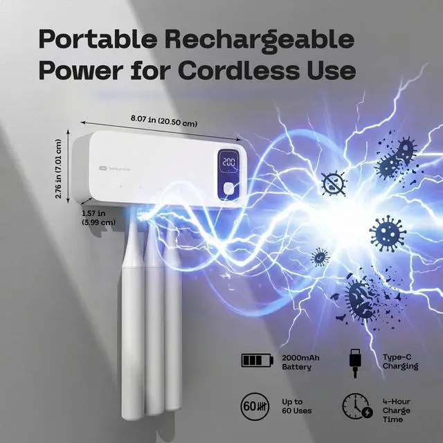 Alt view image 6 of 7 - UV Toothbrush Sanitizer Holder Wall Mounted - Electric Tooth Brush Cleaner Holders Sanitizing Cleaning Air Drying with UV-C Light LED Screen Smart Cover - Mount Organizer for Bathroom Mirror
