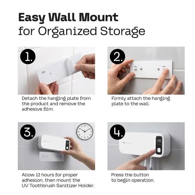 Alt view image 7 of 7 - UV Toothbrush Sanitizer Holder Wall Mounted - Electric Tooth Brush Cleaner Holders Sanitizing Cleaning Air Drying with UV-C Light LED Screen Smart Cover - Mount Organizer for Bathroom Mirror
