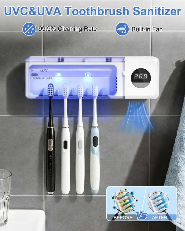 Alt view image 2 of 7 - UV Toothbrush Sanitizer with Holder, Electric Toothbrush Holder Wall Mounted with Cover for 4 Slots, 2000mAh Rechargeable with Timer, Cordless Bathroom Organizer - White