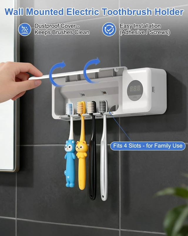 Alt view image 3 of 7 - UV Toothbrush Sanitizer with Holder, Electric Toothbrush Holder Wall Mounted with Cover for 4 Slots, 2000mAh Rechargeable with Timer, Cordless Bathroom Organizer - White