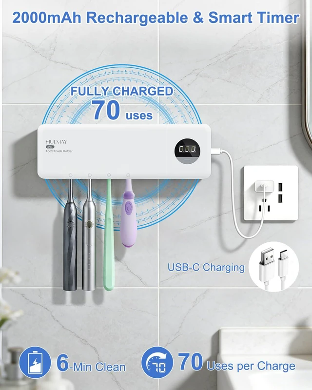 Alt view image 4 of 7 - UV Toothbrush Sanitizer with Holder, Electric Toothbrush Holder Wall Mounted with Cover for 4 Slots, 2000mAh Rechargeable with Timer, Cordless Bathroom Organizer - White