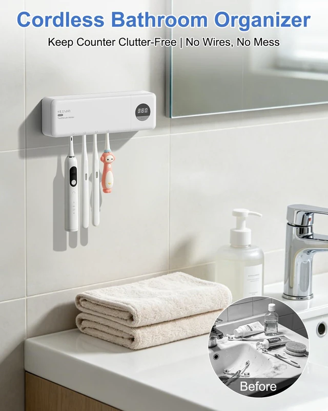 Alt view image 5 of 7 - UV Toothbrush Sanitizer with Holder, Electric Toothbrush Holder Wall Mounted with Cover for 4 Slots, 2000mAh Rechargeable with Timer, Cordless Bathroom Organizer - White