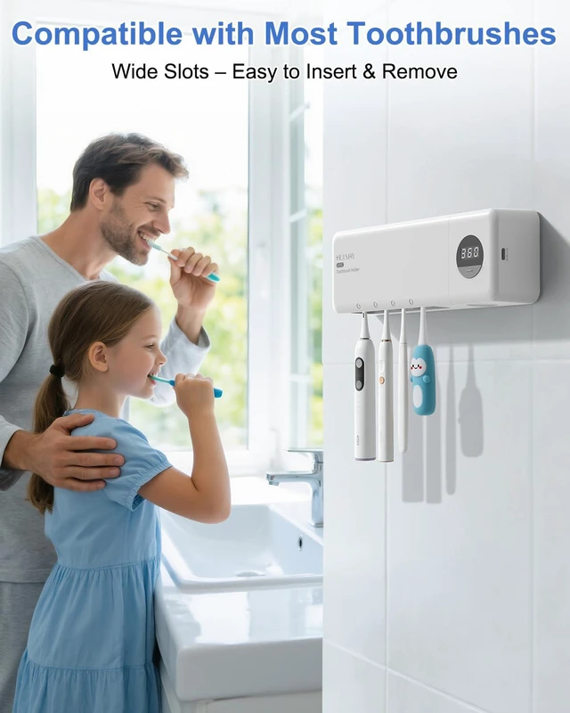 Alt view image 6 of 7 - UV Toothbrush Sanitizer with Holder, Electric Toothbrush Holder Wall Mounted with Cover for 4 Slots, 2000mAh Rechargeable with Timer, Cordless Bathroom Organizer - White