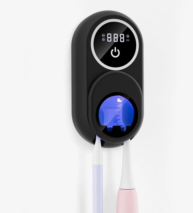 Main image of Toothbrush Holder & Toothbrush Cleaner, UV Toothbrush Sanitizer and Holder 2 Slots, Cleaning and Fan & Heat Drying, LED Smart Screen, Wall Mounted Tooth Brush Holder for Bathrooms (Black)