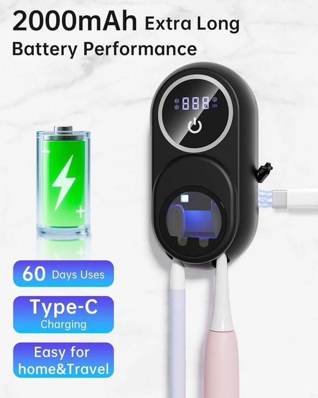 Alt view image 5 of 7 - Toothbrush Holder & Toothbrush Cleaner, UV Toothbrush Sanitizer and Holder 2 Slots, Cleaning and Fan & Heat Drying, LED Smart Screen, Wall Mounted Tooth Brush Holder for Bathrooms (Black)