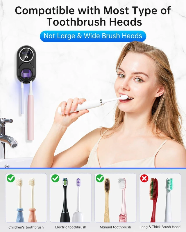Alt view image 6 of 7 - Toothbrush Holder & Toothbrush Cleaner, UV Toothbrush Sanitizer and Holder 2 Slots, Cleaning and Fan & Heat Drying, LED Smart Screen, Wall Mounted Tooth Brush Holder for Bathrooms (Black)