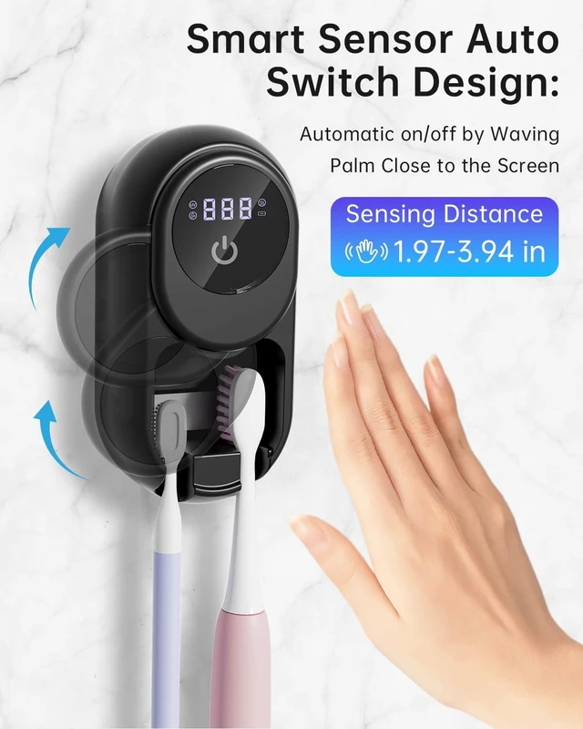 Alt view image 2 of 7 - Toothbrush Holder & Toothbrush Cleaner, UV Toothbrush Sanitizer and Holder 2 Slots, Cleaning and Fan & Heat Drying, LED Smart Screen, Wall Mounted Tooth Brush Holder for Bathrooms (Black)