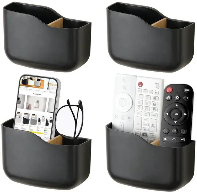Main image of Wall Mount Remote Holder TV FAN Remote Control Holder Bedside Caddy Wall Organizer Phone Holder for Office Adhesive Media Player Controller Holder Box Tray Home Desk Nightstand 4 PACK BLACK