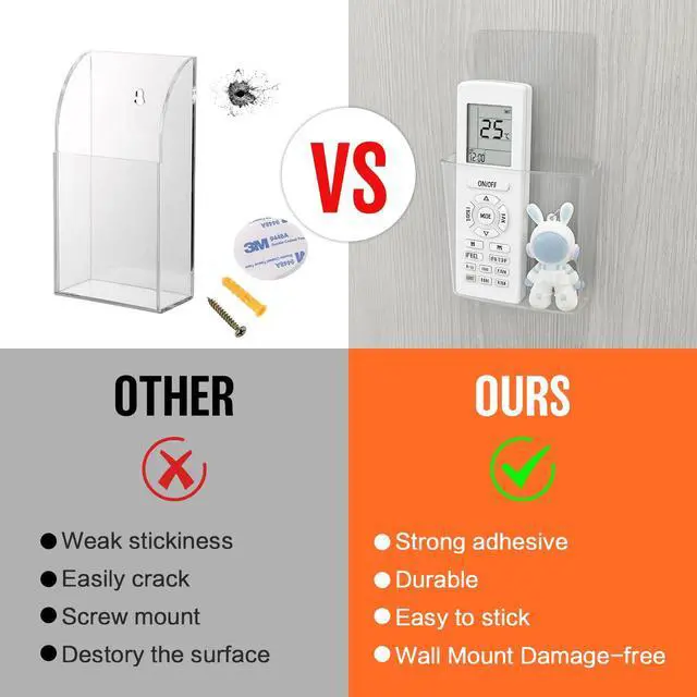 Alt view image 2 of 7 - Remote Holder Wall Mount Damage-Free (2 Pack), Clear and Strong Self-adhesive Universal Media Organizer Storage Box for Mobile Phone,Remote Control,Keys,Pens etc