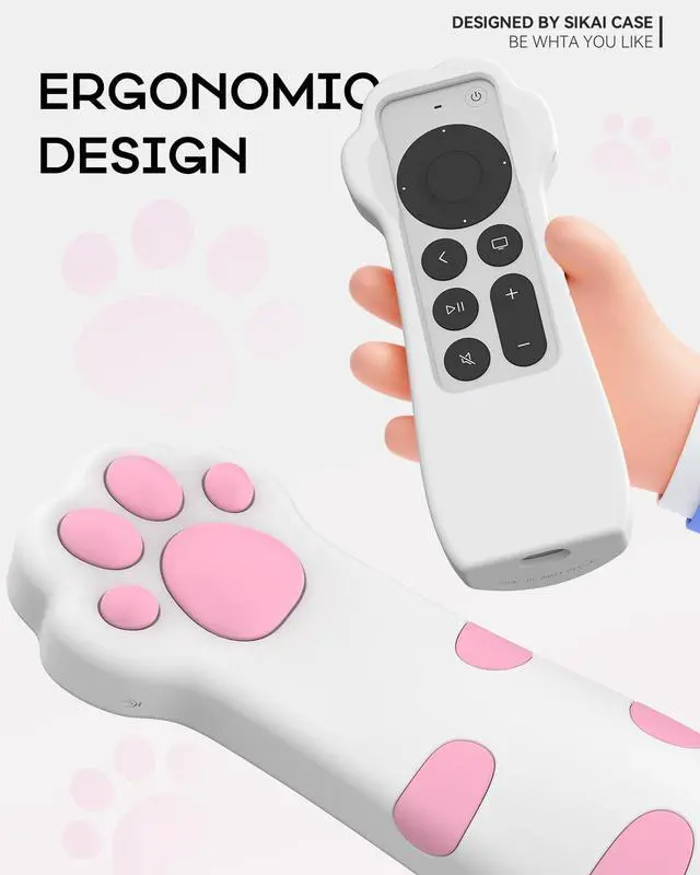 Alt view image 4 of 7 - Silicone Case Fit Designed for Apple TV 4K 2021/2022 Siri Remote Protective Case with Shockproof Compatible with AirTag (Pink Paw)