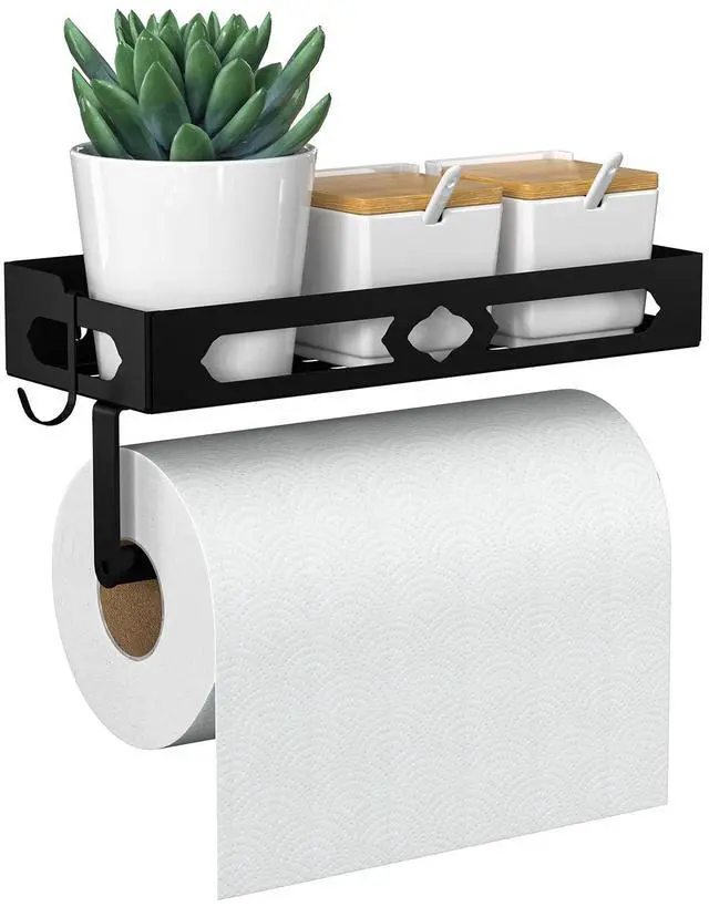 Main image of Wall Mount Paper Towel Holder with Shelf, Self Adhesive or Drill, Black