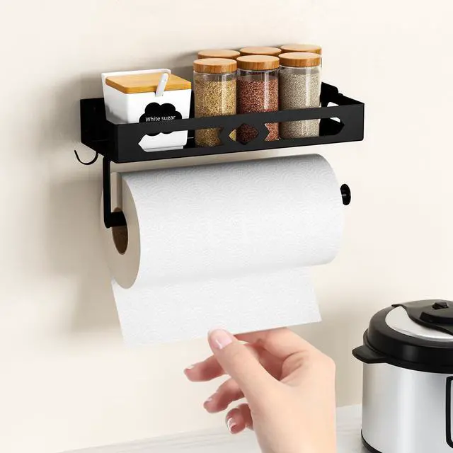 Alt view image 2 of 7 - Wall Mount Paper Towel Holder with Shelf, Self Adhesive or Drill, Black