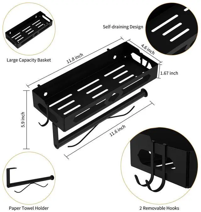 Alt view image 3 of 7 - Wall Mount Paper Towel Holder with Shelf, Self Adhesive or Drill, Black