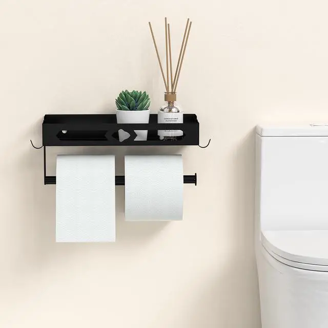Alt view image 5 of 7 - Wall Mount Paper Towel Holder with Shelf, Self Adhesive or Drill, Black