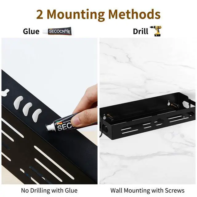 Alt view image 6 of 7 - Wall Mount Paper Towel Holder with Shelf, Self Adhesive or Drill, Black