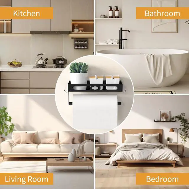 Alt view image 7 of 7 - Wall Mount Paper Towel Holder with Shelf, Self Adhesive or Drill, Black