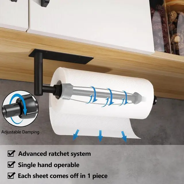 Alt view image 2 of 7 - Black Paper Towel Holder Under Cabinet, Single Hand Operable Wall Mount Paper Towel Roll Holder with Damping Effect, Self-Adhesive or Drilled for Kitchen Bathroom, SUS304 Stainless Steel
