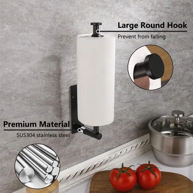 Alt view image 3 of 7 - Black Paper Towel Holder Under Cabinet, Single Hand Operable Wall Mount Paper Towel Roll Holder with Damping Effect, Self-Adhesive or Drilled for Kitchen Bathroom, SUS304 Stainless Steel