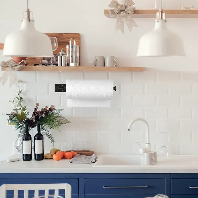 Alt view image 6 of 7 - Black Paper Towel Holder Under Cabinet, Single Hand Operable Wall Mount Paper Towel Roll Holder with Damping Effect, Self-Adhesive or Drilled for Kitchen Bathroom, SUS304 Stainless Steel