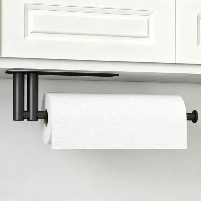 Main image of Paper Towel Holder Under Cabinet, Upgraded Dual-Rod Adhesive Paper Towel Holder with Longer Base, Stainless Steel Wall Mounted Holder for Kitchen Towels, No Drill, Black