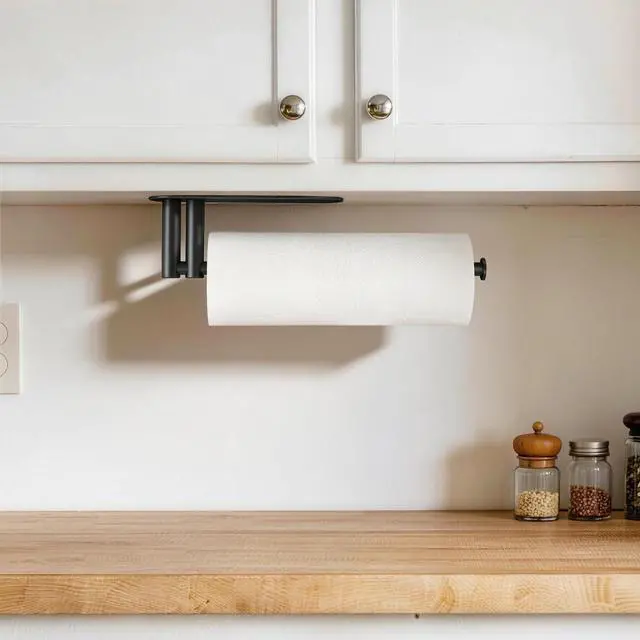 Alt view image 6 of 7 - Paper Towel Holder Under Cabinet, Upgraded Dual-Rod Adhesive Paper Towel Holder with Longer Base, Stainless Steel Wall Mounted Holder for Kitchen Towels, No Drill, Black