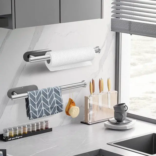 Alt view image 2 of 6 - Paper Towel Holder Under Cabinet for Kitchen, Adhesive Paper Towel Holder Wall Mount, SUS304 Stainless Steel 13 inch(1,Silver)