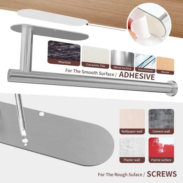 Alt view image 6 of 6 - Paper Towel Holder Under Cabinet for Kitchen, Adhesive Paper Towel Holder Wall Mount, SUS304 Stainless Steel 13 inch(1,Silver)