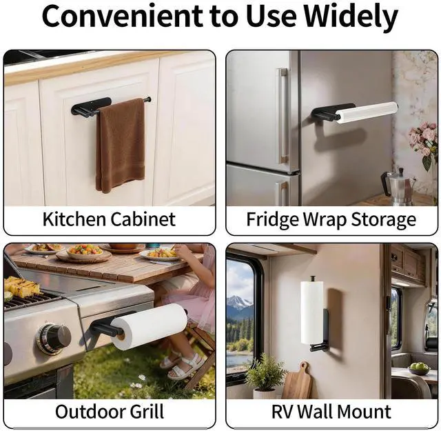 Alt view image 5 of 7 - Paper Towel Holder Under Cabinet, Upgraded Dual-Rod Adhesive Paper Towel Holder with Longer Base, Stainless Steel Wall Mounted Holder for Kitchen Towels, No Drill, Black