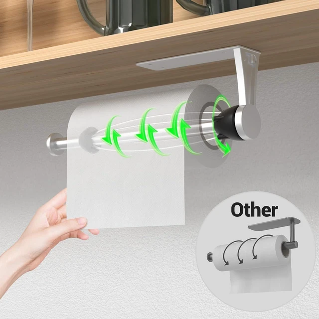 Alt view image 2 of 7 - Paper Towel Holder Under Cabinet, Damping Single-Hand Operation, Wall-Mounted Self-Adhesive or Drilling Towel Rack for Kitchen & Bathroom, Under Counter Paper Towel Dispenser