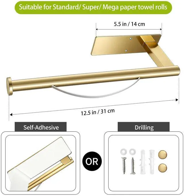 Alt view image 2 of 7 - Paper Towel Holder Under Cabinet, Single Hand Operable Tearing Off Paper Towels with Damping Effect, Both Available in Adhesive and Screws, Stainless Steel (Gold)