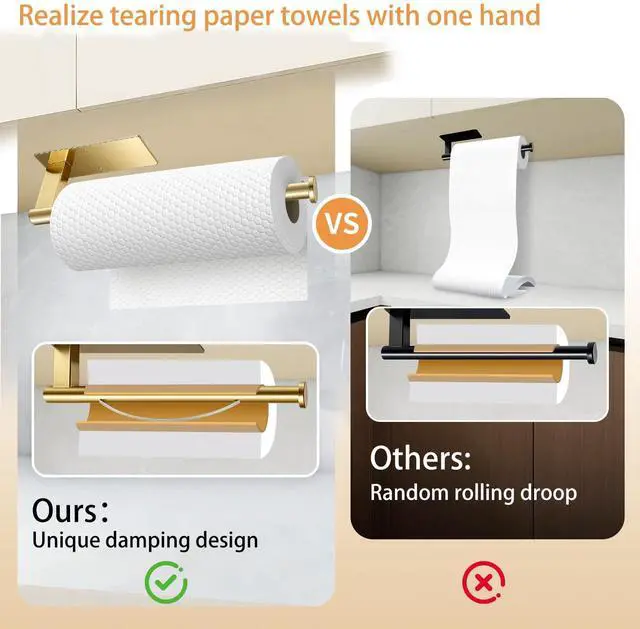 Alt view image 5 of 7 - Paper Towel Holder Under Cabinet, Single Hand Operable Tearing Off Paper Towels with Damping Effect, Both Available in Adhesive and Screws, Stainless Steel (Gold)