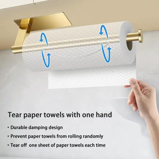 Alt view image 3 of 7 - Paper Towel Holder Under Cabinet, Single Hand Operable Tearing Off Paper Towels with Damping Effect, Both Available in Adhesive and Screws, Stainless Steel (Gold)