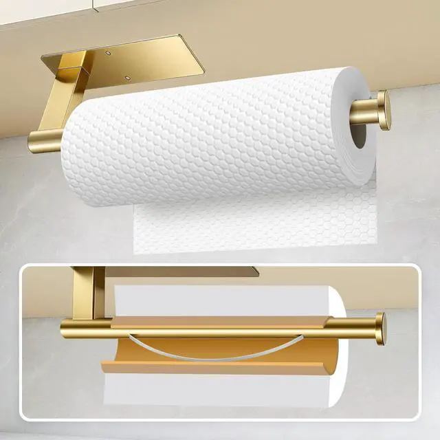 Alt view image 4 of 7 - Paper Towel Holder Under Cabinet, Single Hand Operable Tearing Off Paper Towels with Damping Effect, Both Available in Adhesive and Screws, Stainless Steel (Gold)