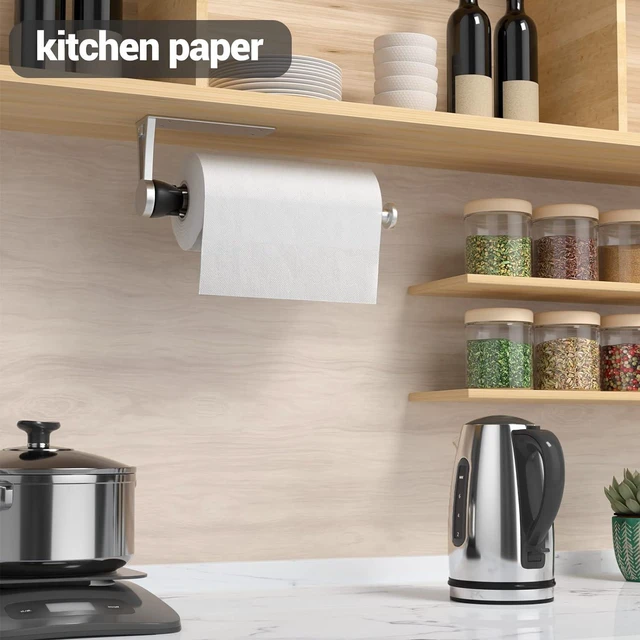 Alt view image 3 of 7 - Paper Towel Holder Under Cabinet, Damping Single-Hand Operation, Wall-Mounted Self-Adhesive or Drilling Towel Rack for Kitchen & Bathroom, Under Counter Paper Towel Dispenser