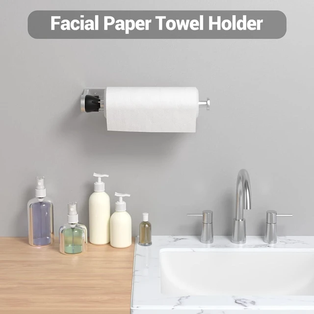 Alt view image 5 of 7 - Paper Towel Holder Under Cabinet, Damping Single-Hand Operation, Wall-Mounted Self-Adhesive or Drilling Towel Rack for Kitchen & Bathroom, Under Counter Paper Towel Dispenser