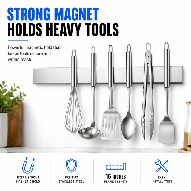 Alt view image 2 of 7 - 16 Inch Stainless Steel Magnetic Knife Bar with Multi-Purpose Functionality as a Knife Holder, Knife Strip, Magnetic Tool Organizer, Art Supply Organizer & Home Organizer