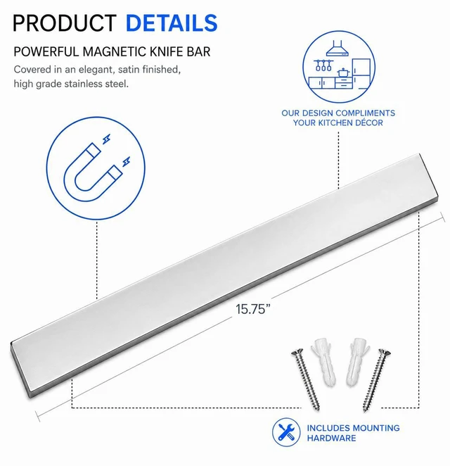 Alt view image 6 of 7 - 16 Inch Stainless Steel Magnetic Knife Bar with Multi-Purpose Functionality as a Knife Holder, Knife Strip, Magnetic Tool Organizer, Art Supply Organizer & Home Organizer