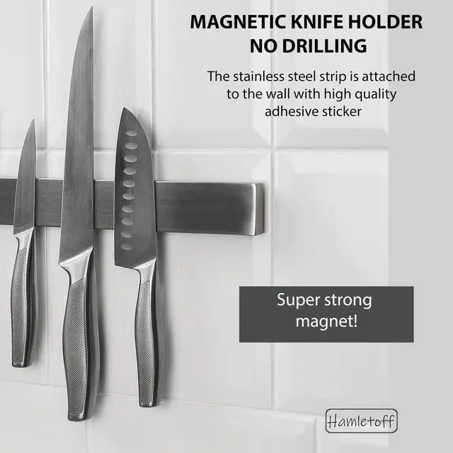 Alt view image 3 of 7 - Premium Magnetic Knife Holder for Wall no Drilling 16 Inch Stainless Steel Magnetic Knife Holder Self Adhesive - Kitchen Magnetic Knife Strip with Adhesive Sticker (Upgraded Adhesive Tape)