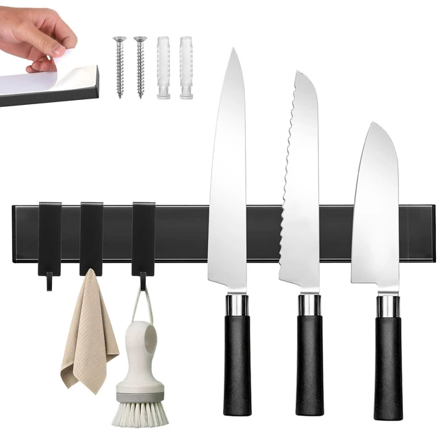 Main image of Knife Magnetic Strip With 3 Hooks, 14" Magnetic Knife Holder for Wall Mount Fridge Refrigerator, No Drill Knife Magnet Tool Holder Bar Adhesive Backing, Kitchen Organizer Knives Block RV Accessories