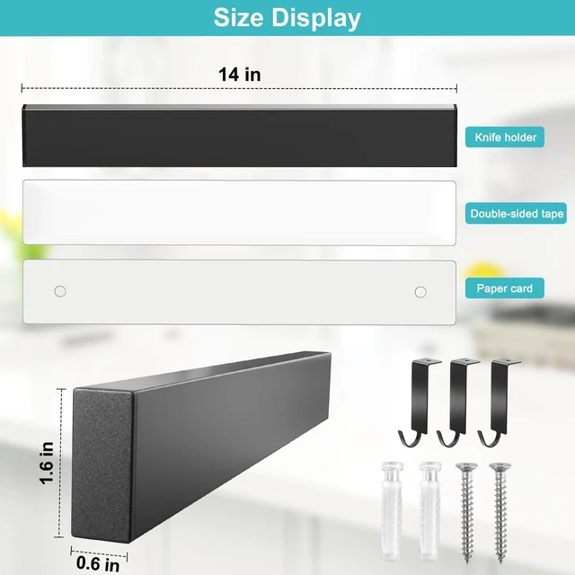 Alt view image 2 of 6 - Knife Magnetic Strip With 3 Hooks, 14" Magnetic Knife Holder for Wall Mount Fridge Refrigerator, No Drill Knife Magnet Tool Holder Bar Adhesive Backing, Kitchen Organizer Knives Block RV Accessories