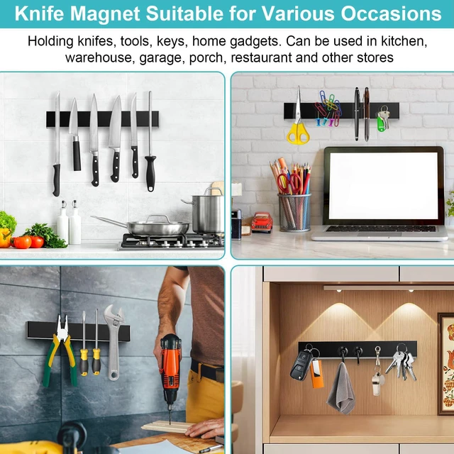 Alt view image 5 of 6 - Knife Magnetic Strip With 3 Hooks, 14" Magnetic Knife Holder for Wall Mount Fridge Refrigerator, No Drill Knife Magnet Tool Holder Bar Adhesive Backing, Kitchen Organizer Knives Block RV Accessories
