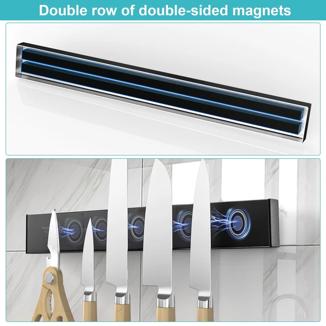 Alt view image 3 of 6 - Knife Magnetic Strip With 3 Hooks, 14" Magnetic Knife Holder for Wall Mount Fridge Refrigerator, No Drill Knife Magnet Tool Holder Bar Adhesive Backing, Kitchen Organizer Knives Block RV Accessories