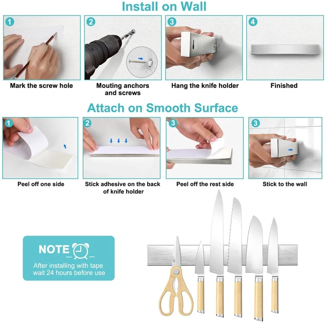 Alt view image 4 of 6 - Magnetic Knife Holder for Wall, No Drilling Magnetic Knife Strip Adhesive Knife Holder Magnet Knife Bar, Wall Mount Knife Rack Block Metal Tool Holder for Utensils RV Kitchen Organization, 10 Inch