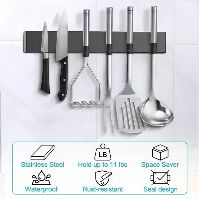Alt view image 6 of 6 - Knife Magnetic Strip With 3 Hooks, 14" Magnetic Knife Holder for Wall Mount Fridge Refrigerator, No Drill Knife Magnet Tool Holder Bar Adhesive Backing, Kitchen Organizer Knives Block RV Accessories