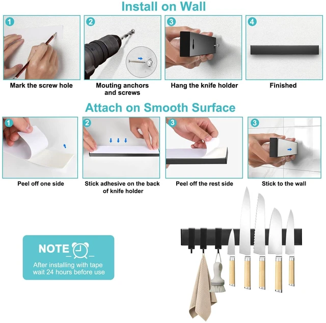 Alt view image 4 of 6 - Knife Magnetic Strip With 3 Hooks, 14" Magnetic Knife Holder for Wall Mount Fridge Refrigerator, No Drill Knife Magnet Tool Holder Bar Adhesive Backing, Kitchen Organizer Knives Block RV Accessories