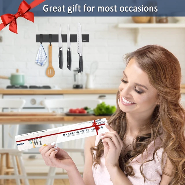 Alt view image 6 of 7 - magnetic knife holder for wallwith 2 hooks, No Drilling 10 Inch black knife magnetic strip, Powerful knife magnet rack, include Adhesive Tape and screws for Knives, Utensils, and Tools