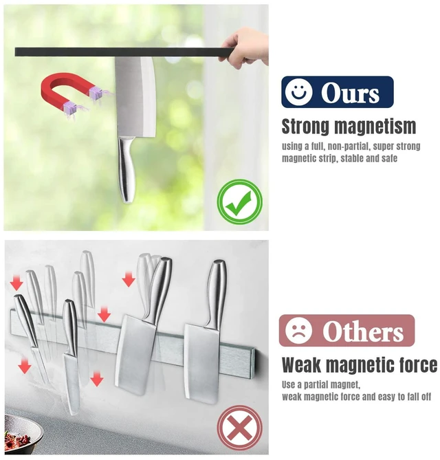 Alt view image 3 of 7 - magnetic knife holder for wallwith 3 hooks, No Drilling, 16 Inch | Black knife magnetic strip, Powerful knife magnet rack, include Adhesive Tape and screws for Knives, Utensils, and Tools